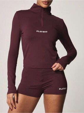 PLAYBOY Burgundy Long-Sleeve Half Zip Pullover & High-Rise Shorts Set- Small NEW